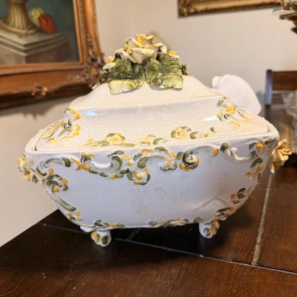 Ornate Ceramic Floral Soup Tureen Bowl With Lid Ladle Yellow Rose Rococo 10x13